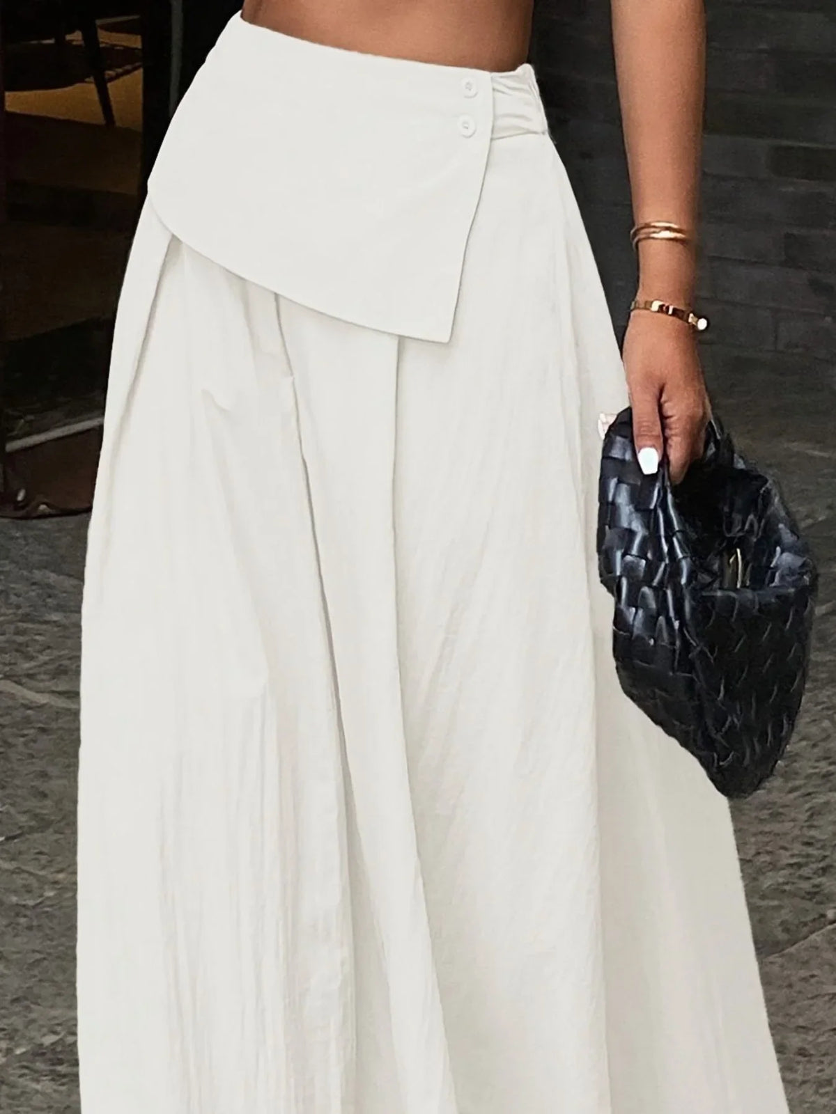 White Asymmetric Fold‑Over Waist Button Detail High‑Waisted Maxi Skirt