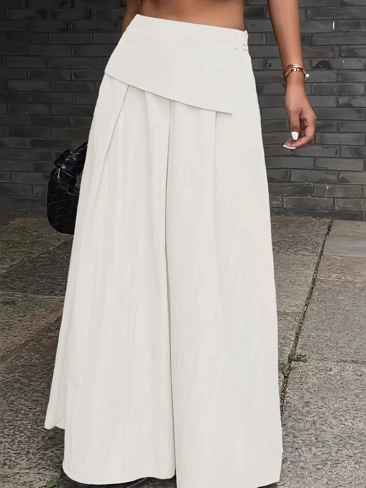 White Asymmetric Fold‑Over Waist Button Detail High‑Waisted Maxi Skirt