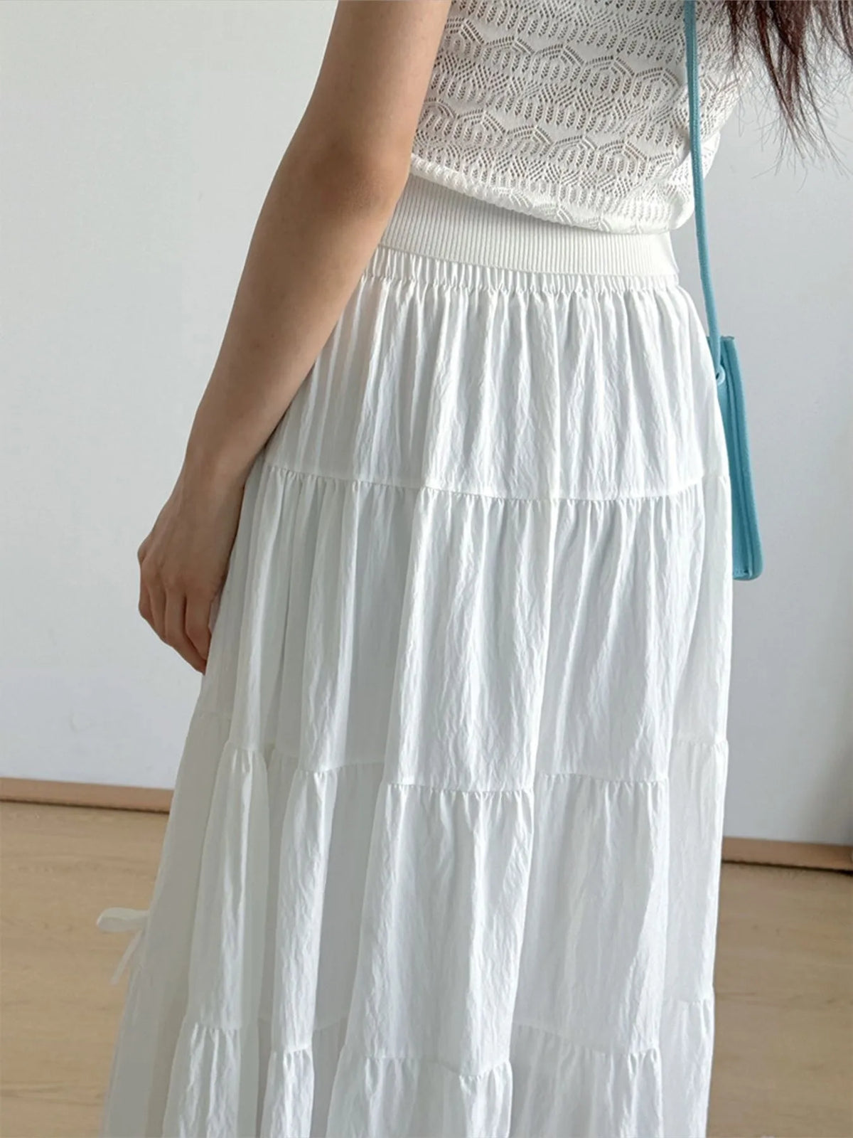 Tiered Elastic Waist Ruch Bow Decor Flowy Maxi Skirt