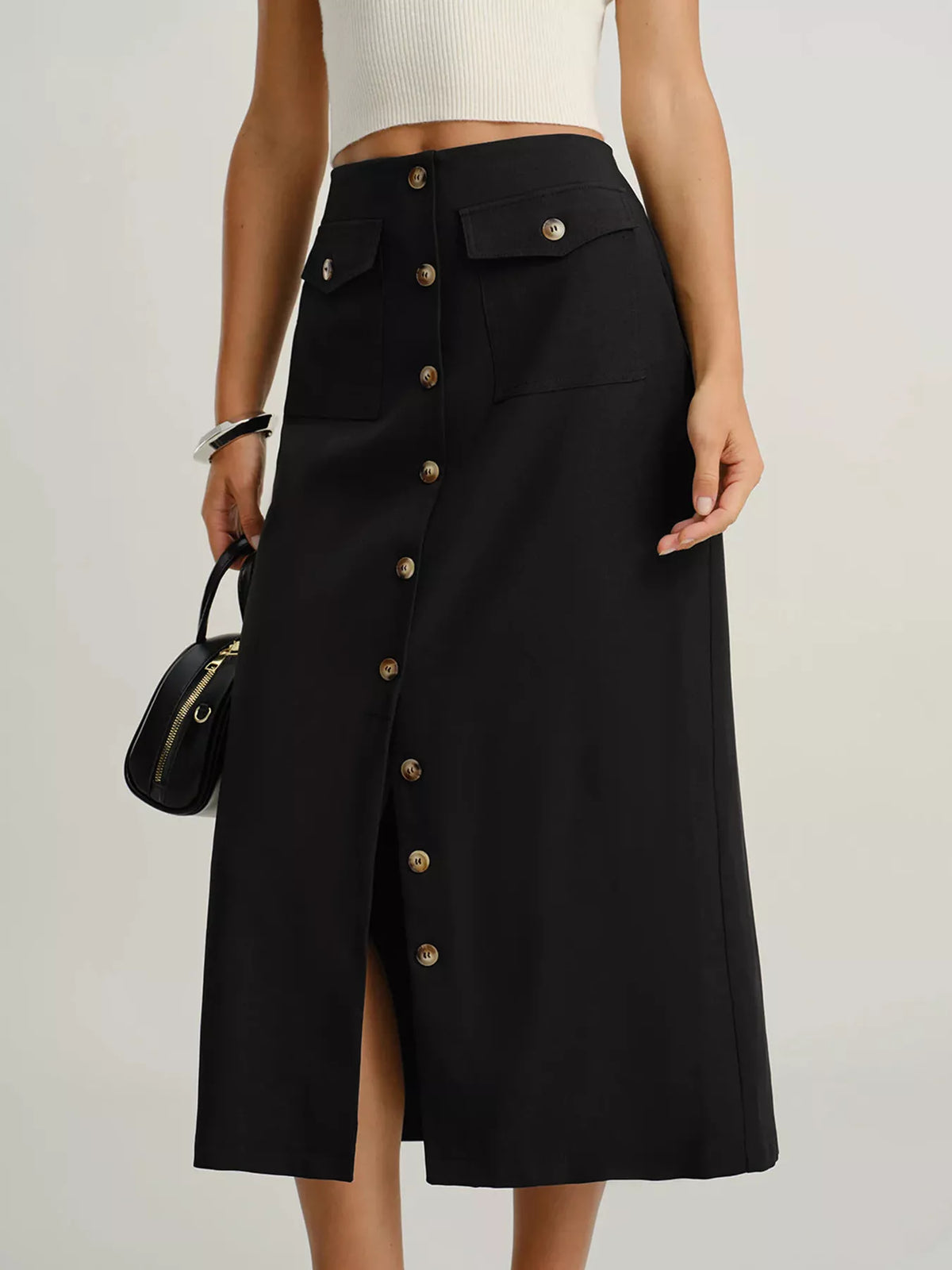 Black Button‑Front Slit Midi Skirt With Functional Pockets