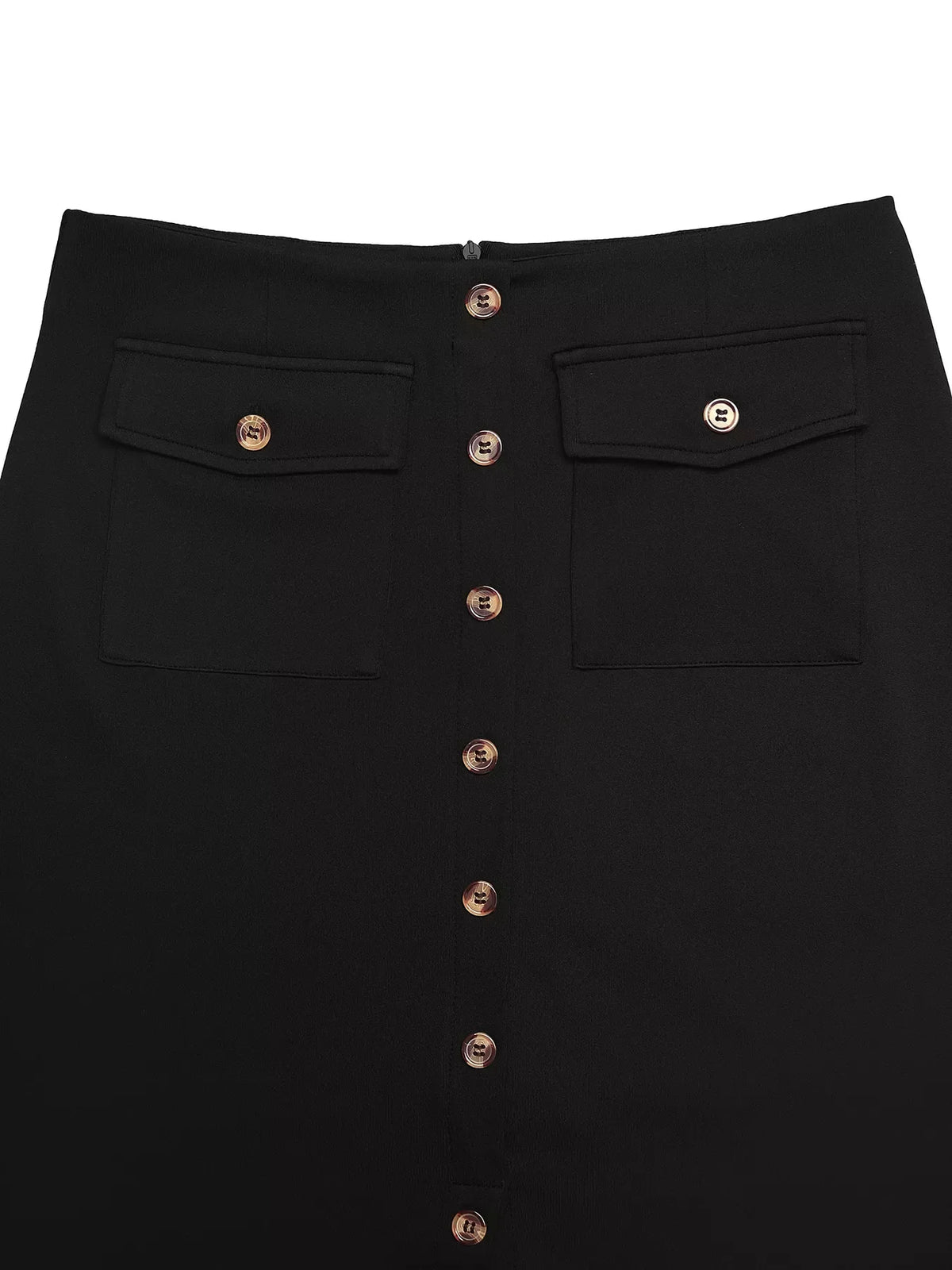 Black Button‑Front Slit Midi Skirt With Functional Pockets