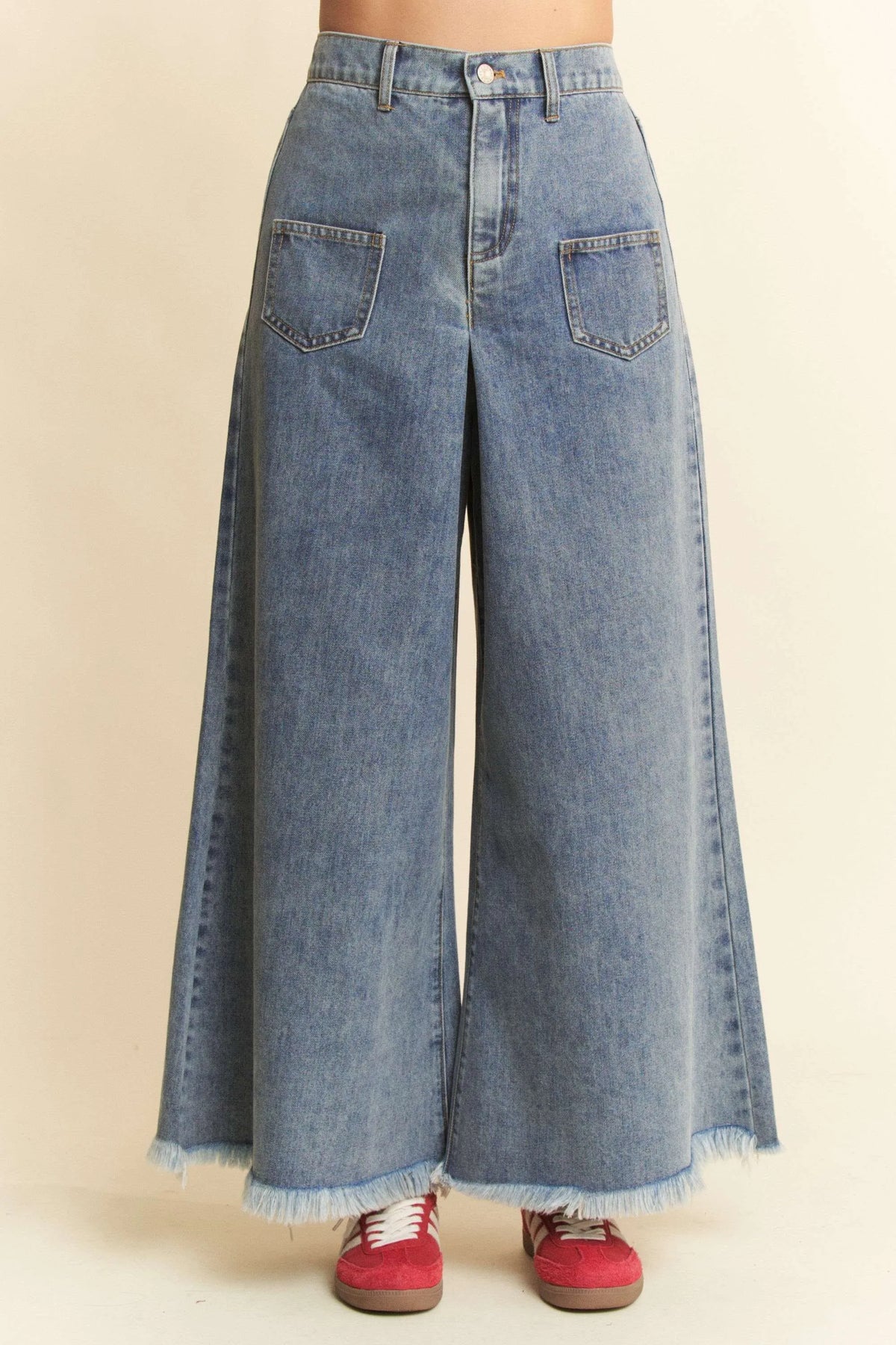 High‑Rise Patch Pocket Raw Hem Cropped Wide Leg Denim Culottes