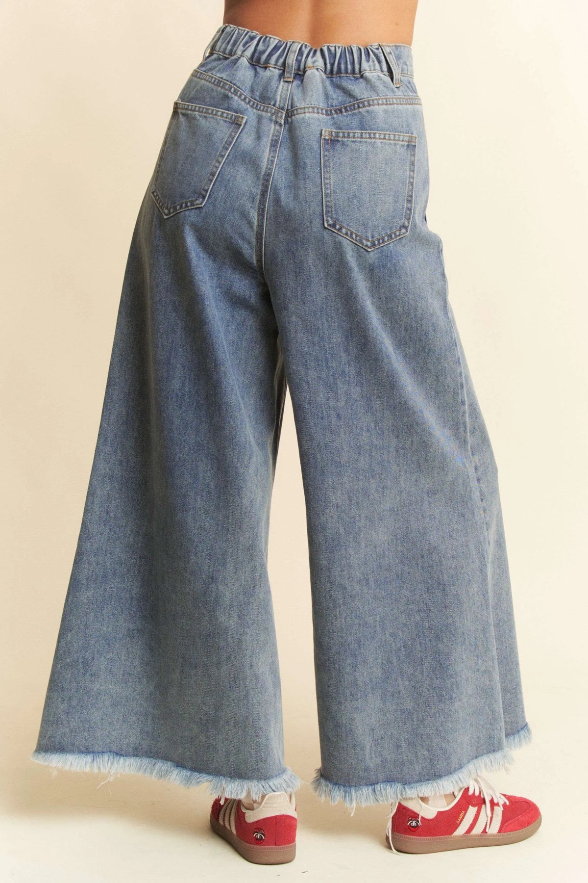 High‑Rise Patch Pocket Raw Hem Cropped Wide Leg Denim Culottes