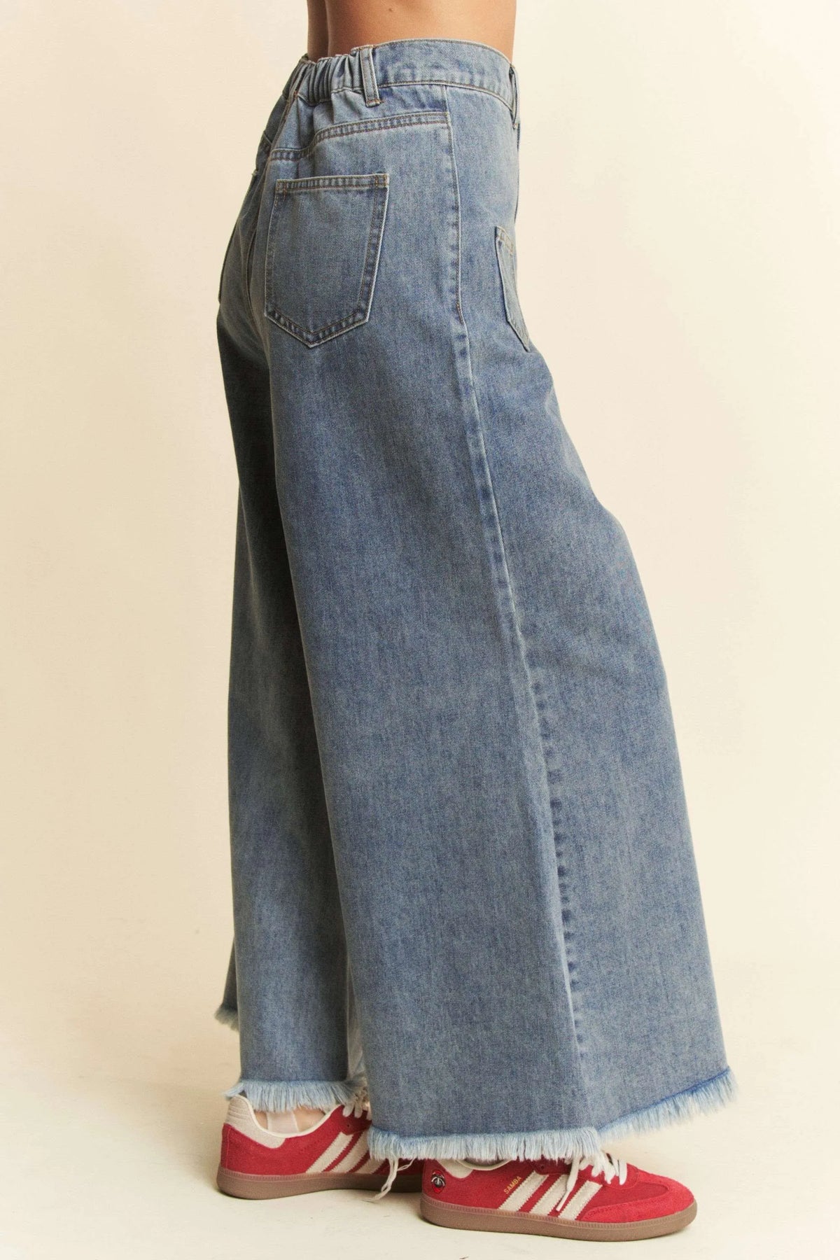 High‑Rise Patch Pocket Raw Hem Cropped Wide Leg Denim Culottes