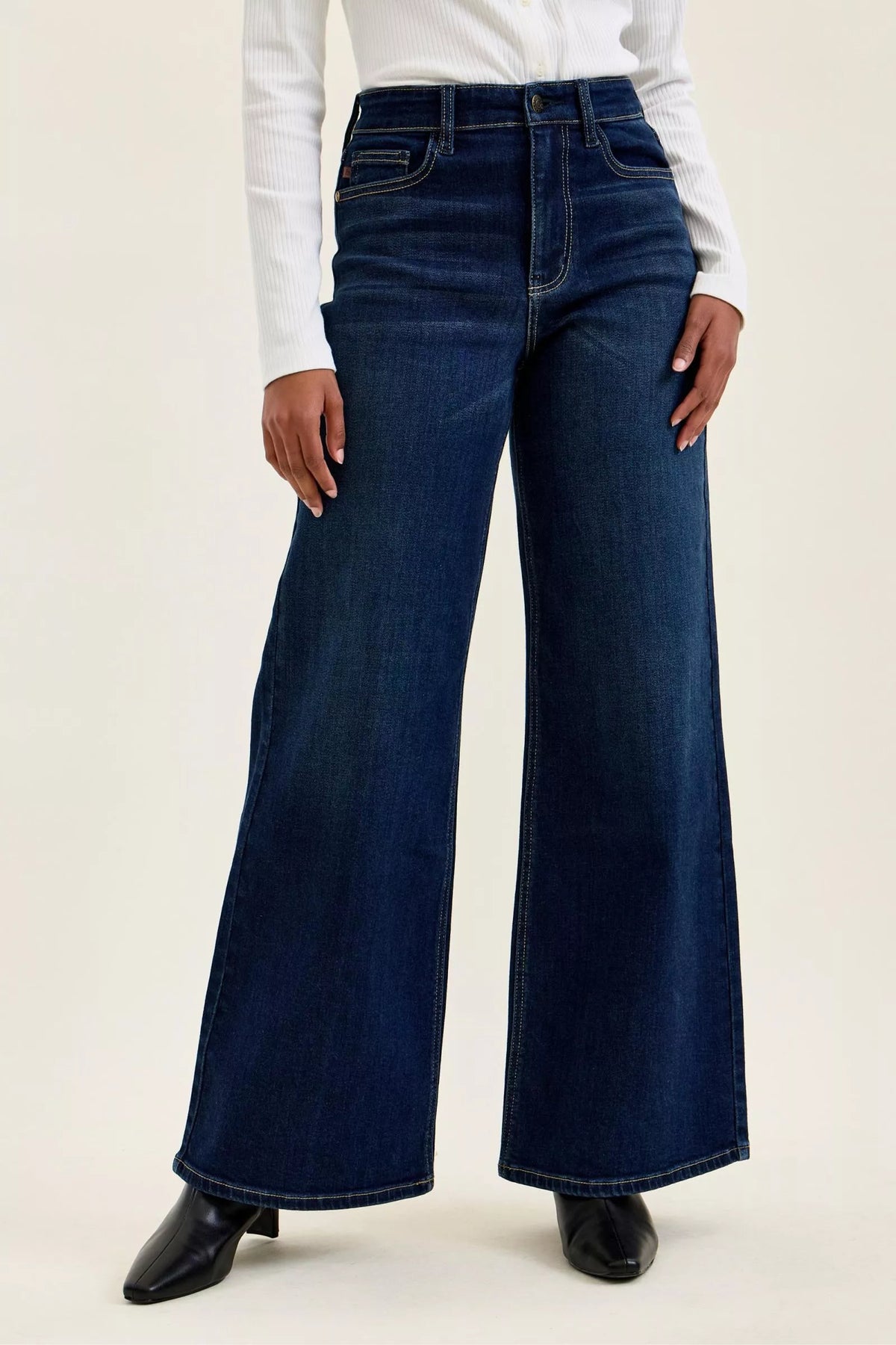 High‑Waisted Dark Wash Slightly‑Stretchy Wide‑Leg Denim Jeans