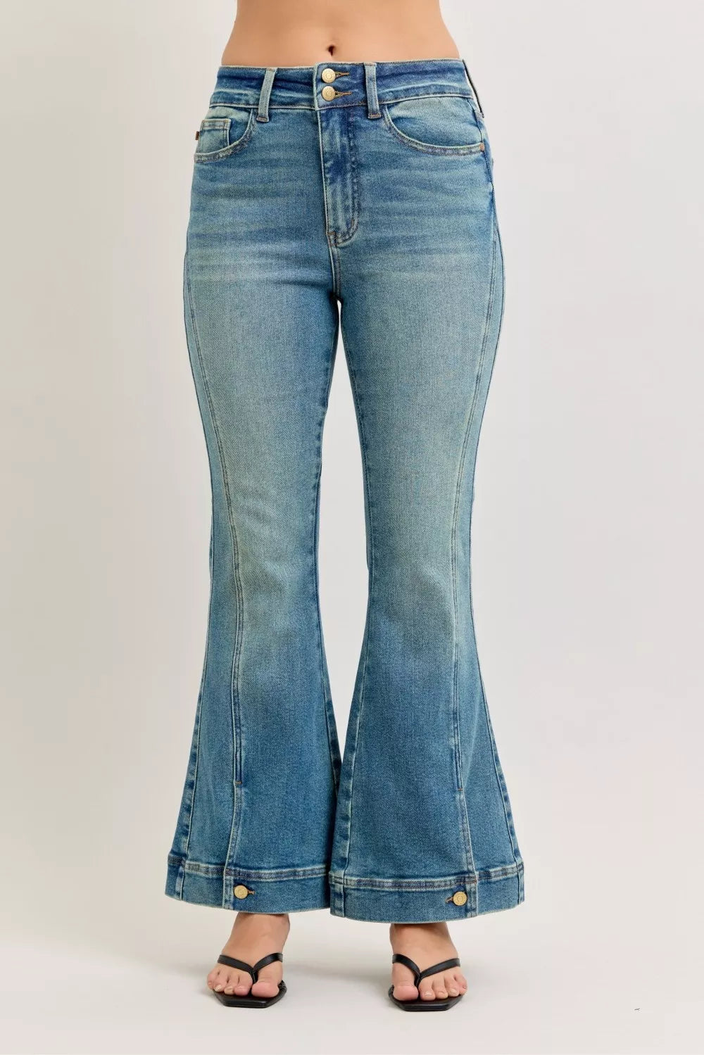 High‑Waist Vintage Wash Button Detail Flare Denim Jeans