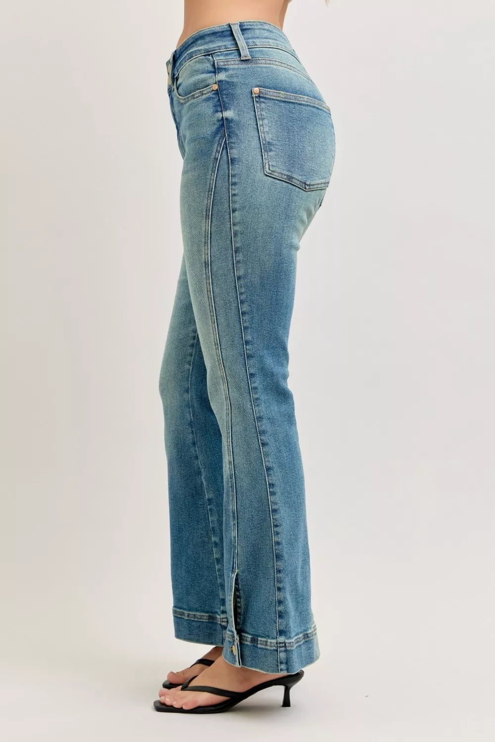 High‑Waist Vintage Wash Button Detail Flare Denim Jeans
