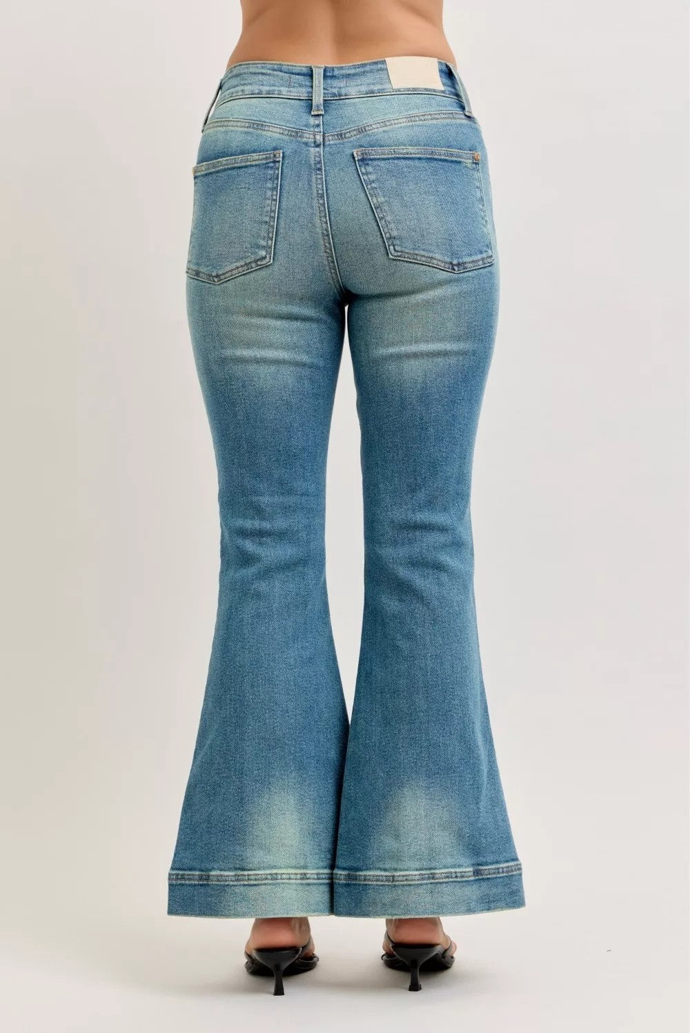 High‑Waist Vintage Wash Button Detail Flare Denim Jeans